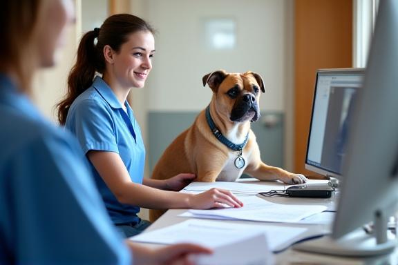 A pet owner reviewing insurance documents with a veterinary receptionist.