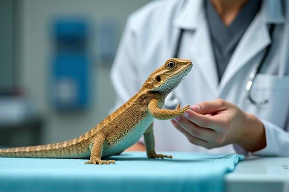 Veterinarian carefully examining a bearded dragon reptile.