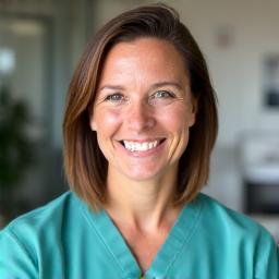 Dr. Emily Carter, a friendly and professional veterinarian.